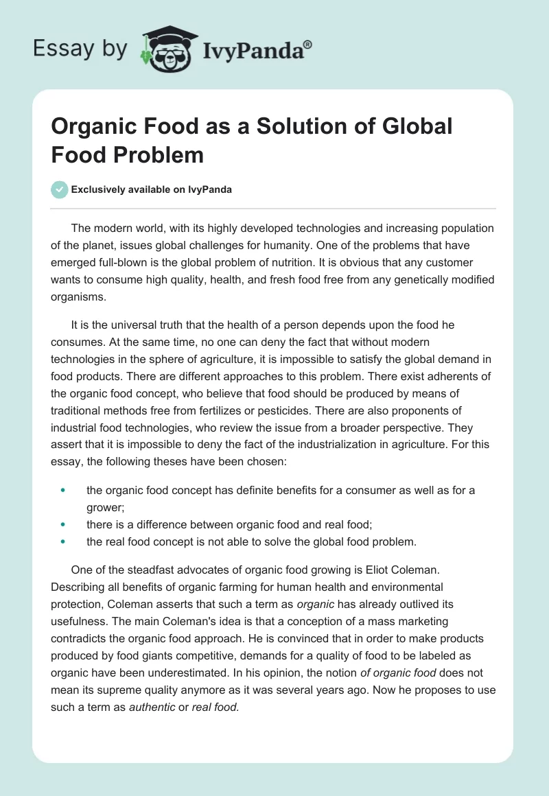 Organic Food as a Solution of Global Food Problem. Page 1