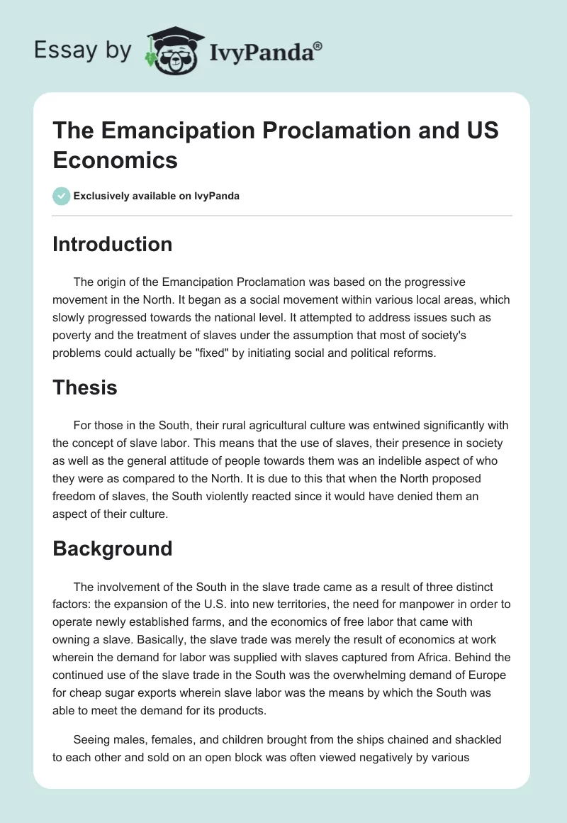 The Emancipation Proclamation and US Economics. Page 1