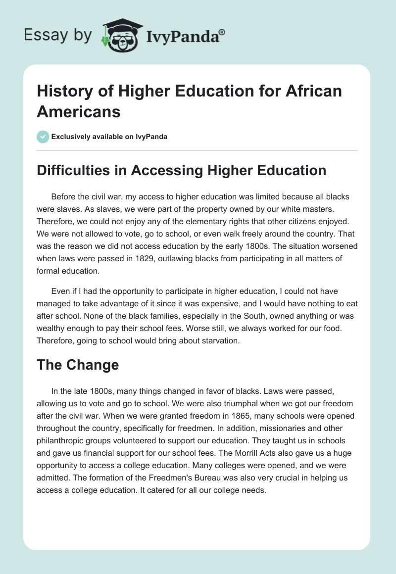 History of Higher Education for African Americans. Page 1