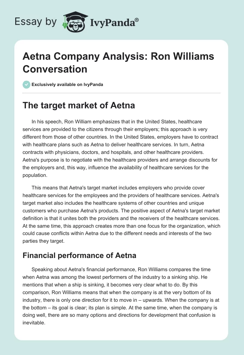 Aetna Company Analysis: Ron Williams Conversation. Page 1