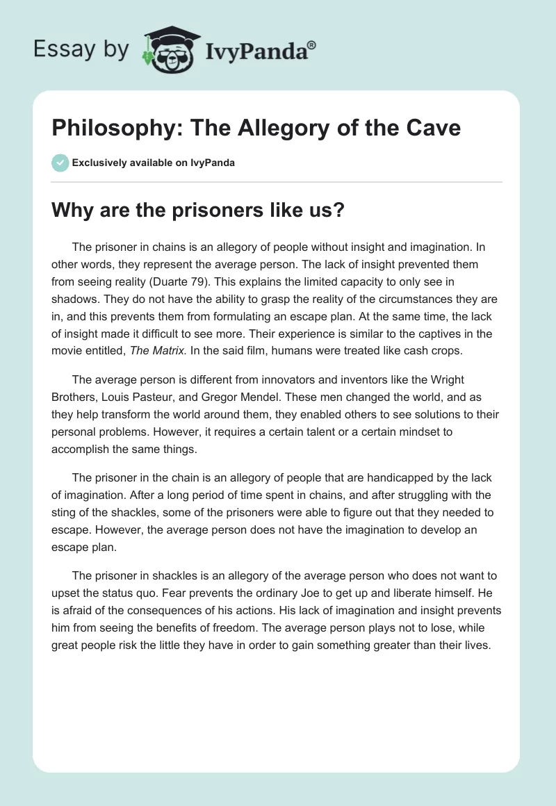 Philosophy: The Allegory of the Cave. Page 1