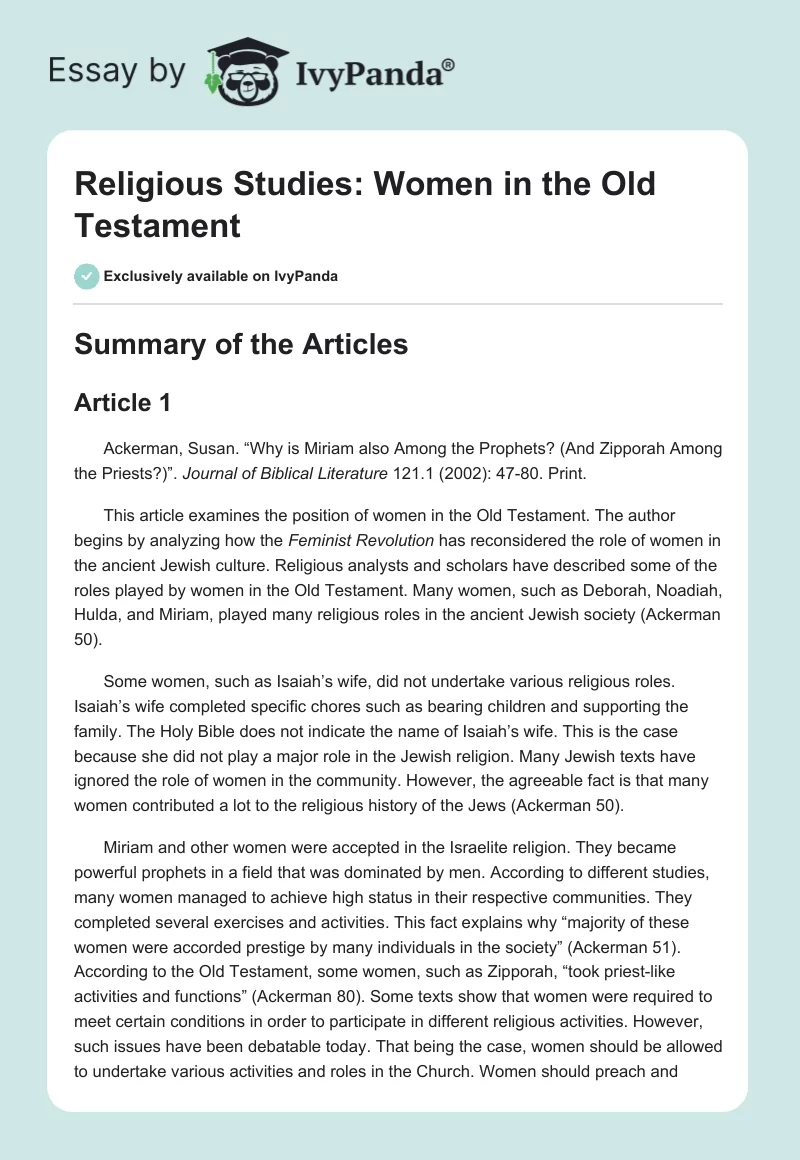 Religious Studies: Women in the Old Testament. Page 1