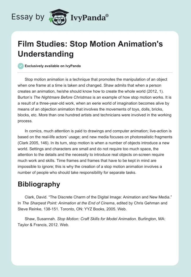 Film Studies: Stop Motion Animation's Understanding. Page 1
