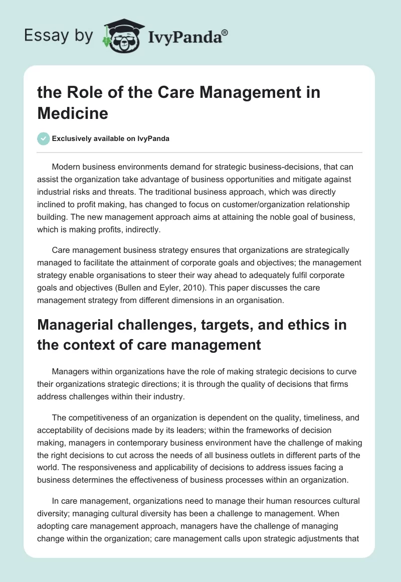 the Role of the Care Management in Medicine. Page 1