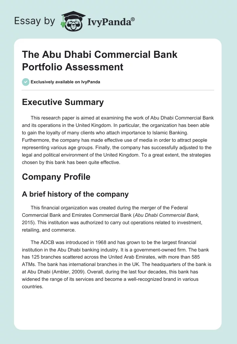 The Abu Dhabi Commercial Bank Portfolio Assessment. Page 1