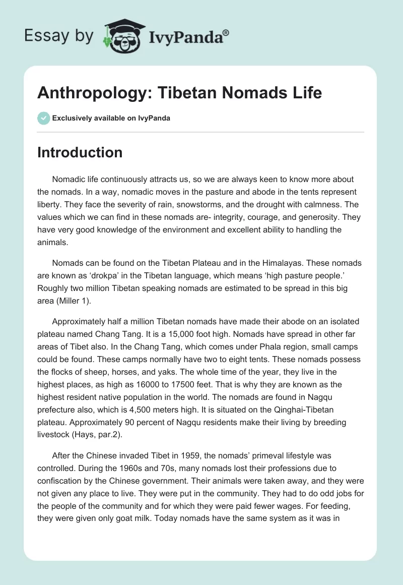 Anthropology: Tibetan Nomads Life. Page 1