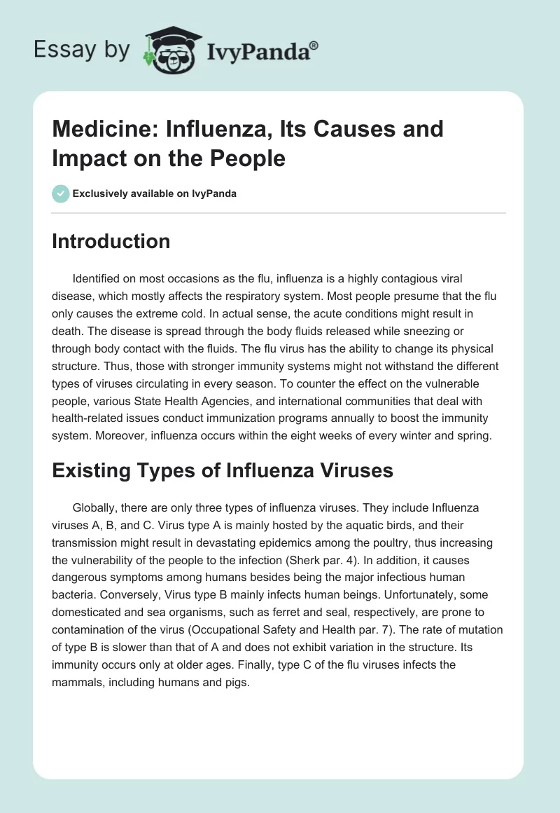 Medicine: Influenza, Its Causes and Impact on the People. Page 1