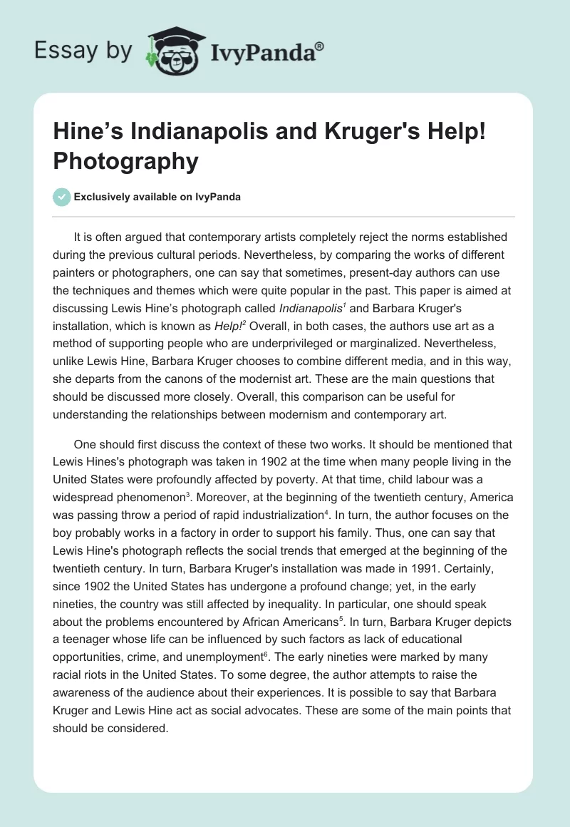 Hine’s Indianapolis and Kruger's Help! Photography. Page 1