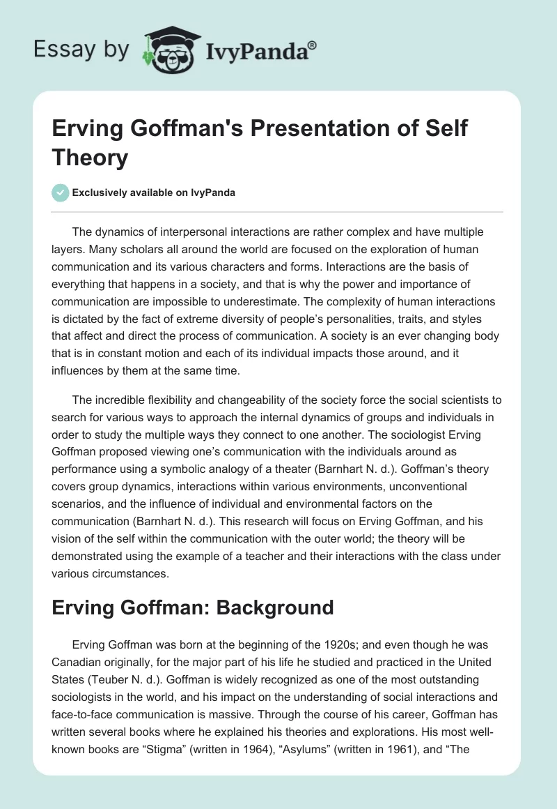 Erving Goffman's Presentation of Self Theory. Page 1