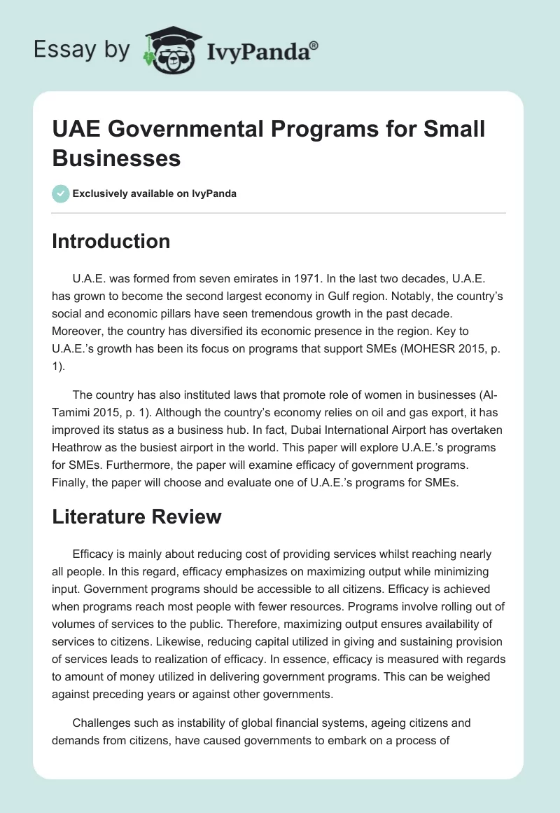 UAE Governmental Programs for Small Businesses. Page 1