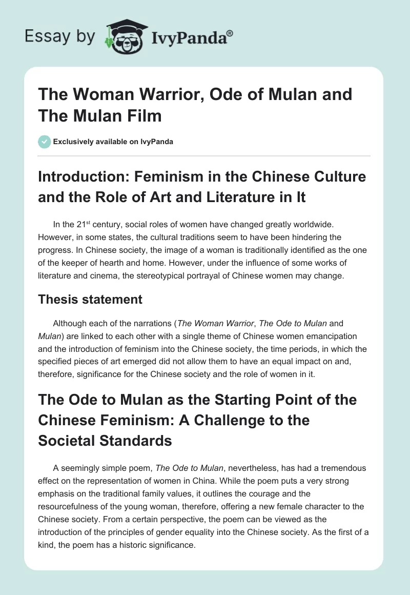 The Woman Warrior, Ode of Mulan and The Mulan Film. Page 1