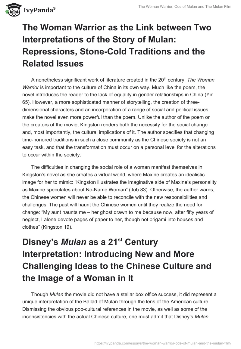 The Woman Warrior, Ode of Mulan and The Mulan Film. Page 2