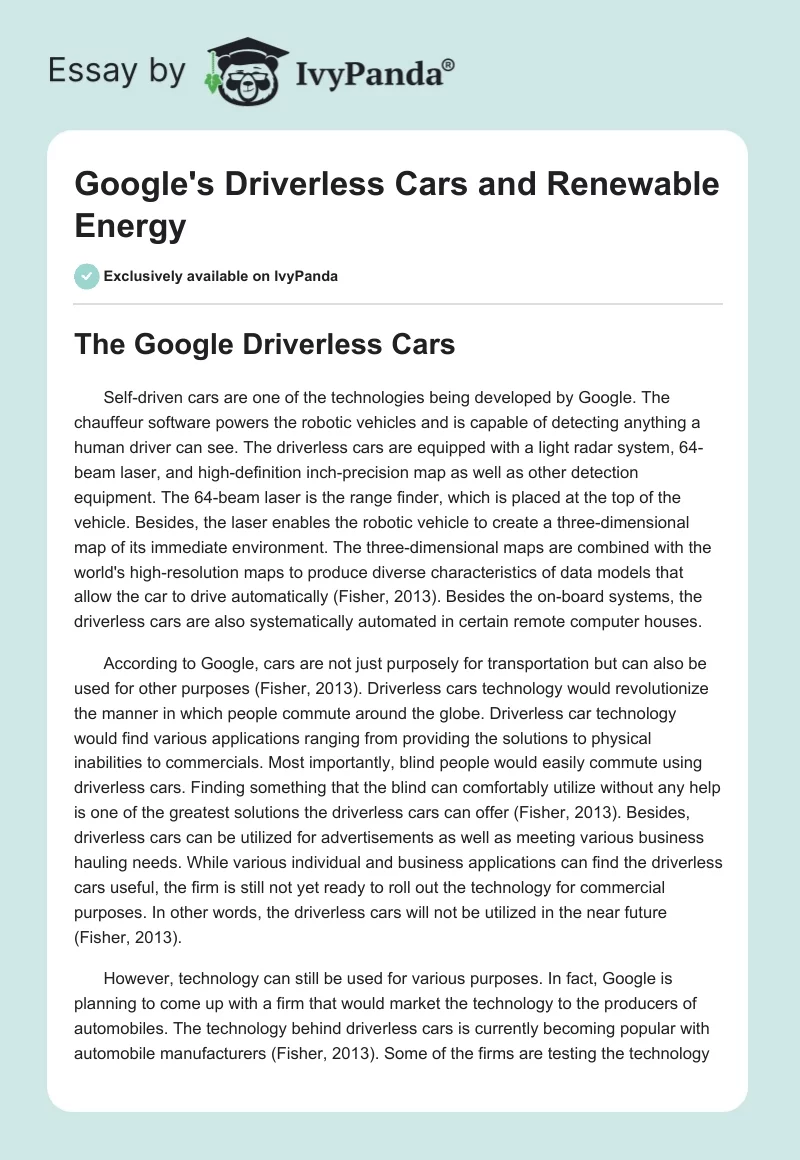 Google's Driverless Cars and Renewable Energy. Page 1