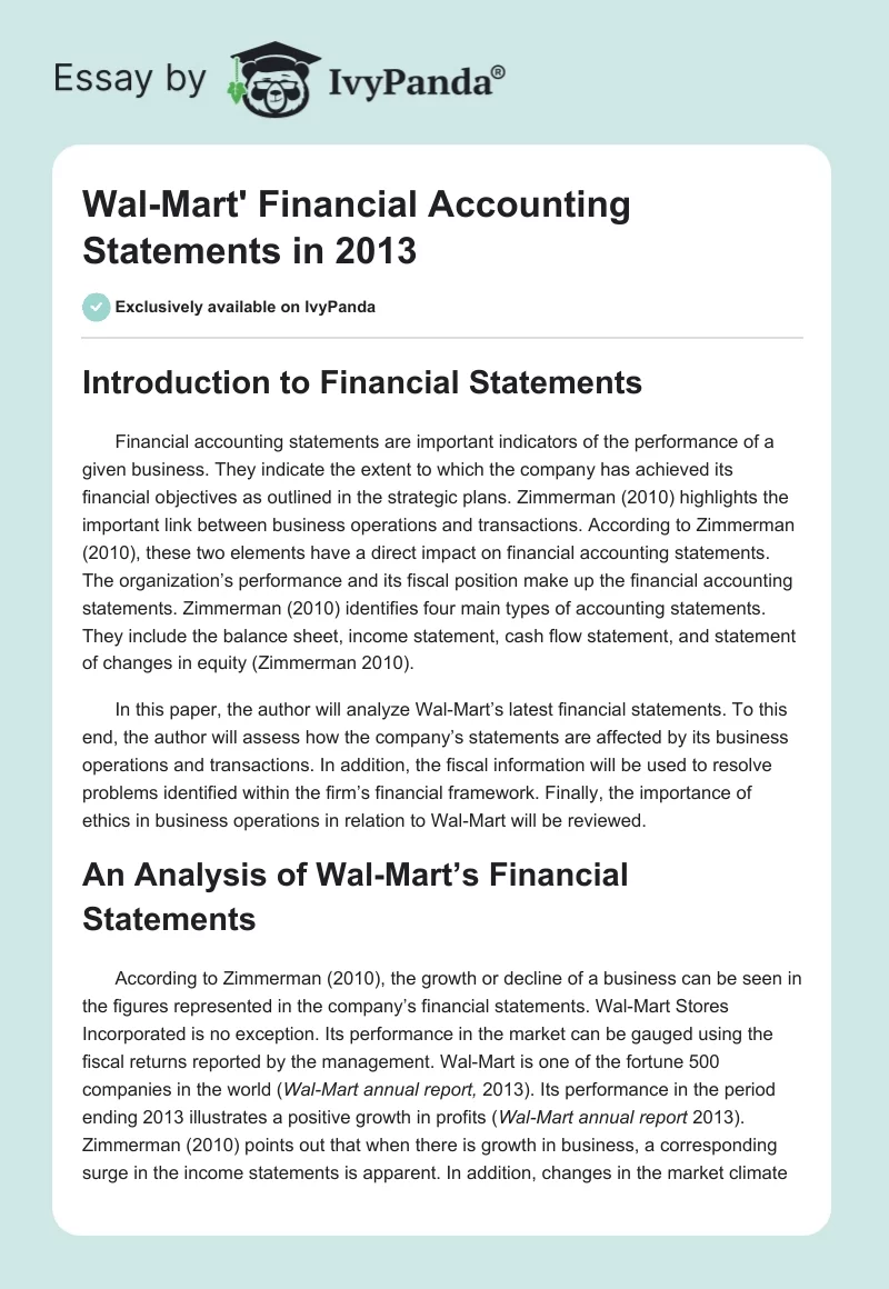 Wal-Mart' Financial Accounting Statements in 2013. Page 1