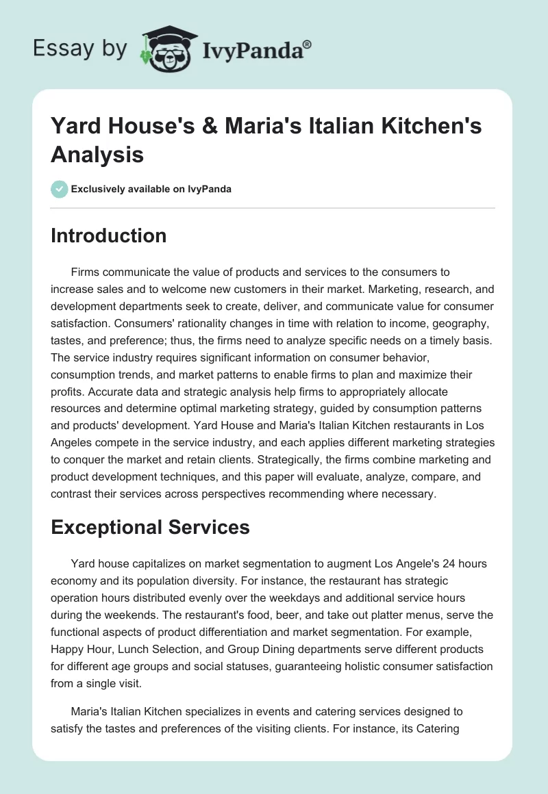 Yard House's & Maria's Italian Kitchen's Analysis. Page 1