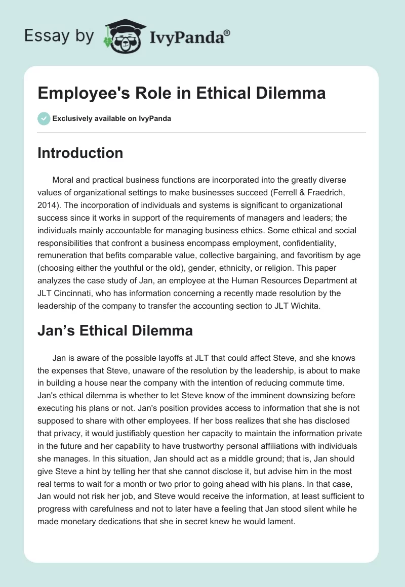 Employee's Role in Ethical Dilemma. Page 1