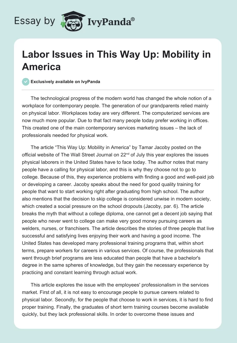 Labor Issues in "This Way Up: Mobility in America". Page 1