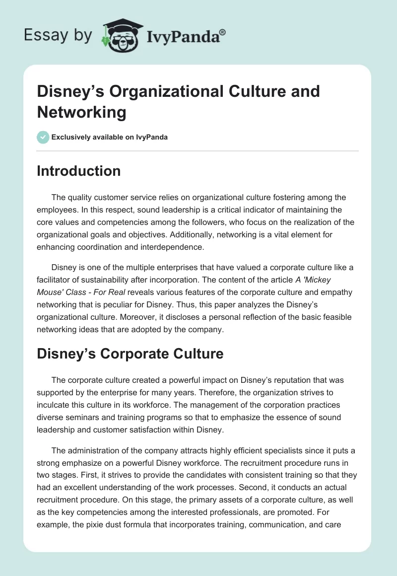 Disney’s Organizational Culture and Networking. Page 1