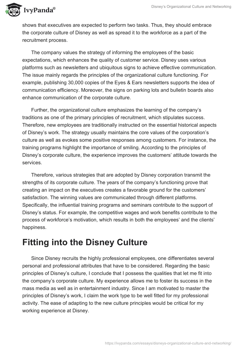 Disney’s Organizational Culture and Networking. Page 2