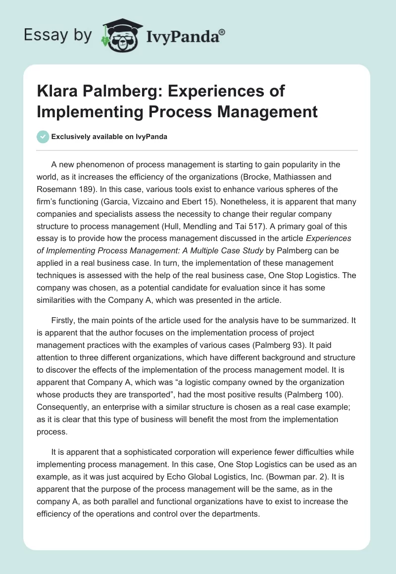 Klara Palmberg: Experiences of Implementing Process Management. Page 1