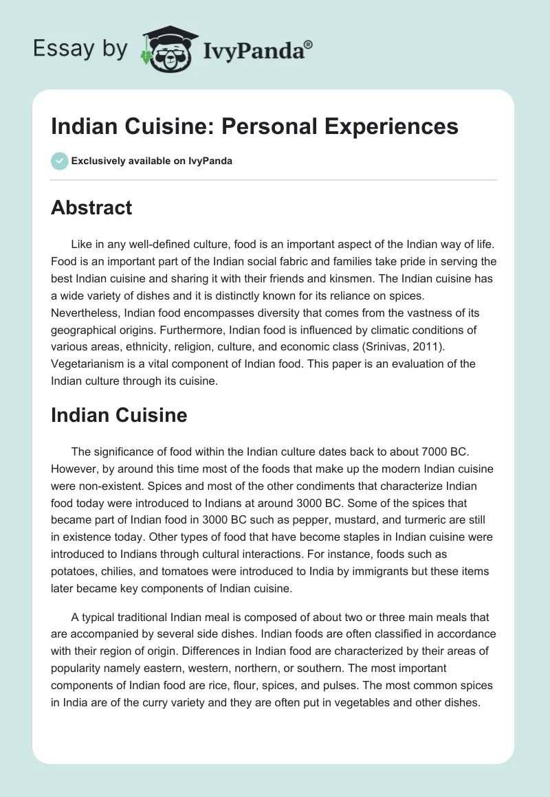 Indian Cuisine: Personal Experiences. Page 1