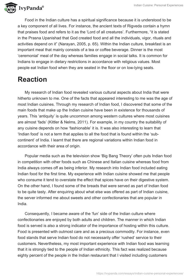 Indian Cuisine: Personal Experiences. Page 2
