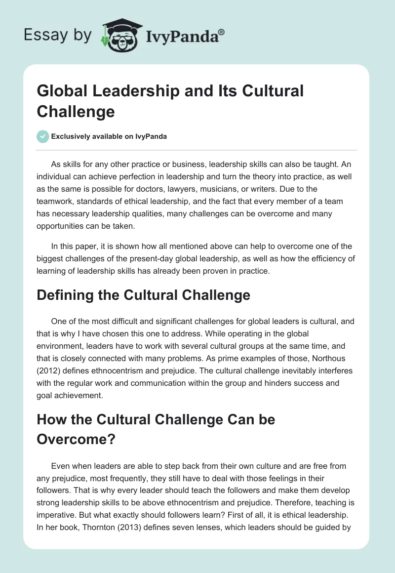 Global Leadership and Its Cultural Challenge. Page 1