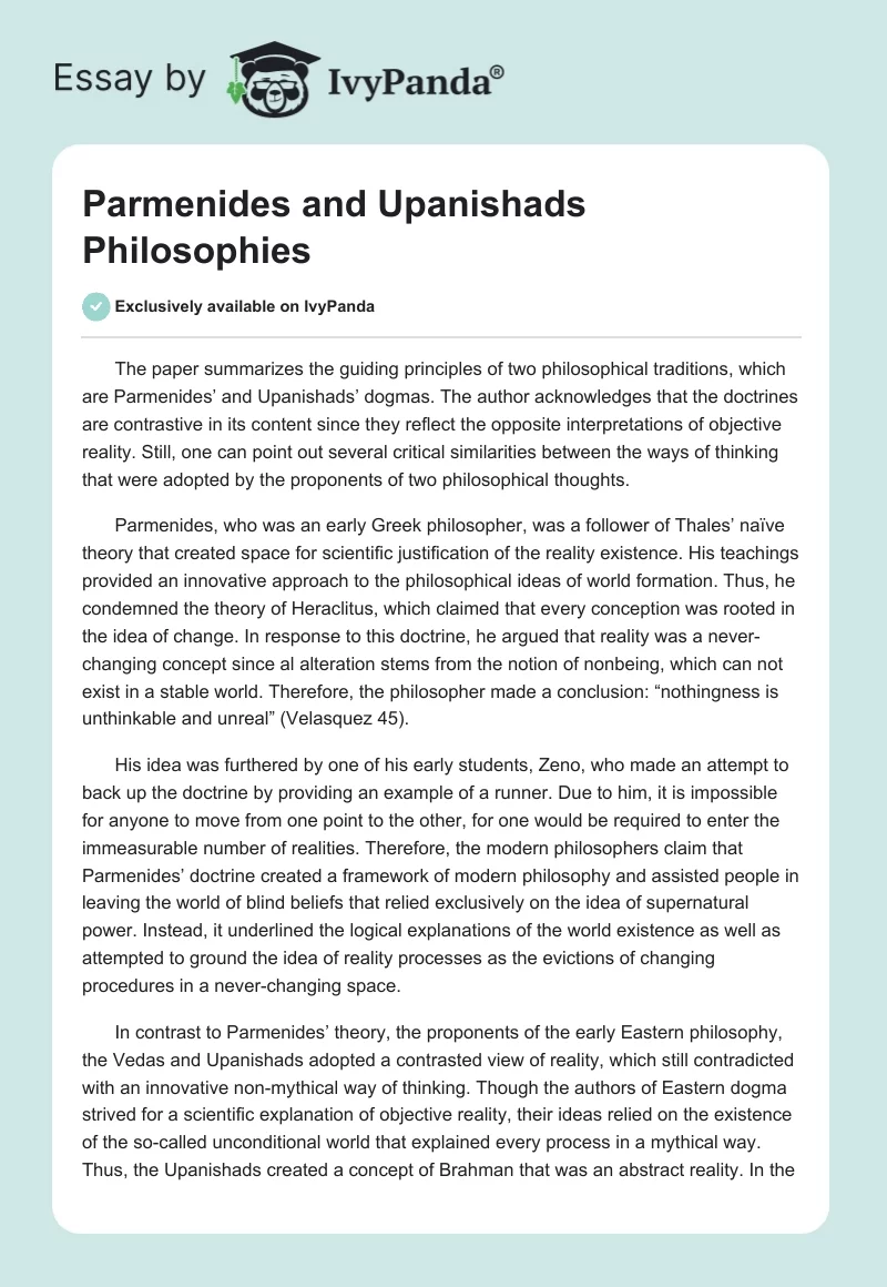 Parmenides and Upanishads Philosophies. Page 1