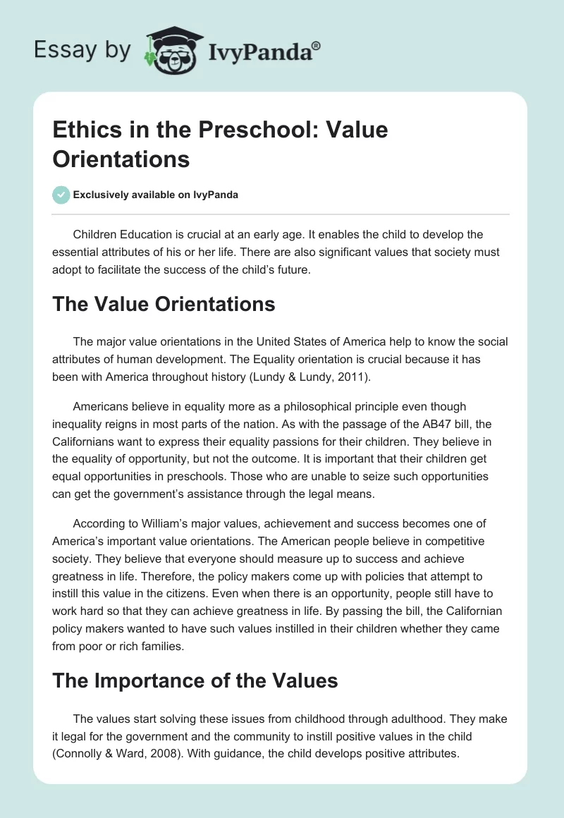 Ethics in the Preschool: Value Orientations. Page 1
