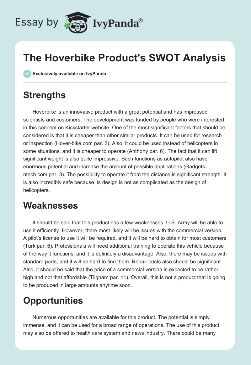 The Hoverbike Product's SWOT Analysis. Page 1