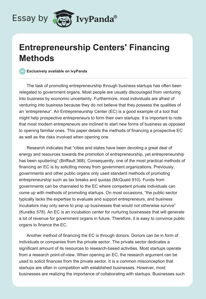 Entrepreneurship Centers' Financing Methods. Page 1