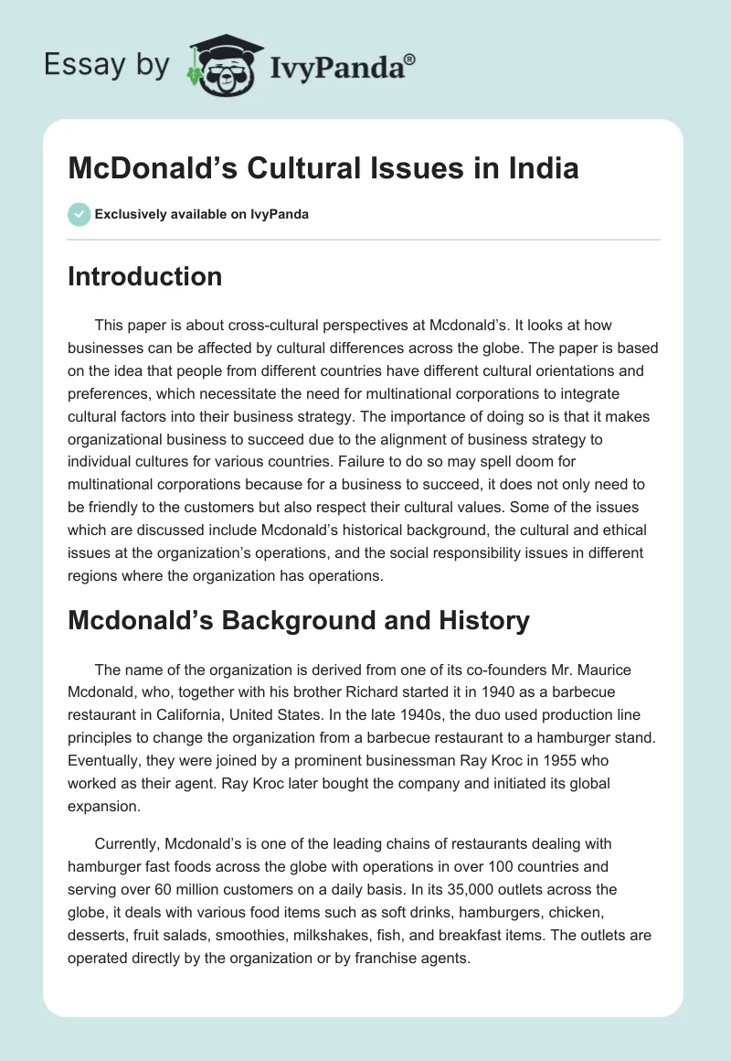 McDonald’s Cultural Issues in India. Page 1