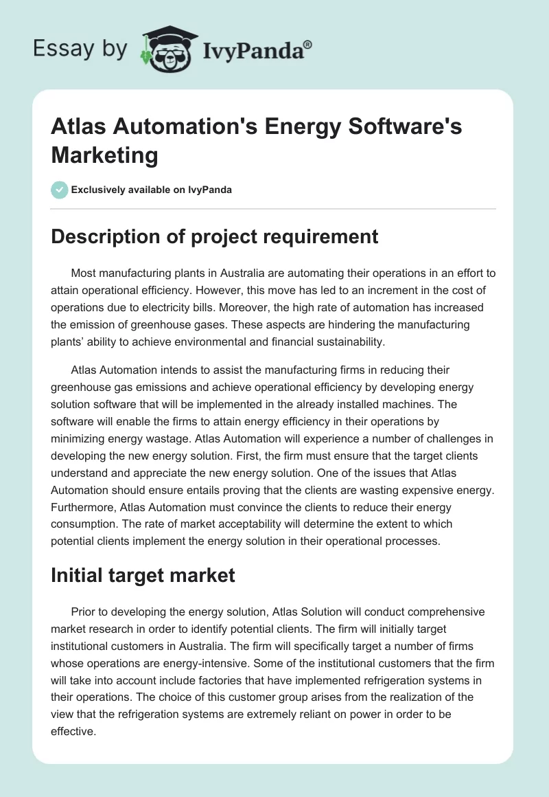 Atlas Automation's Energy Software's Marketing. Page 1