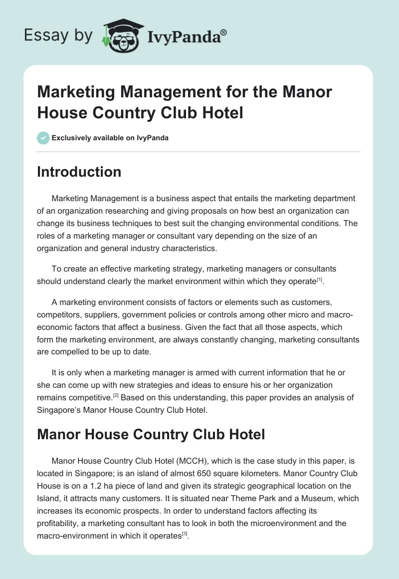 Marketing Management for the Manor House Country Club Hotel. Page 1