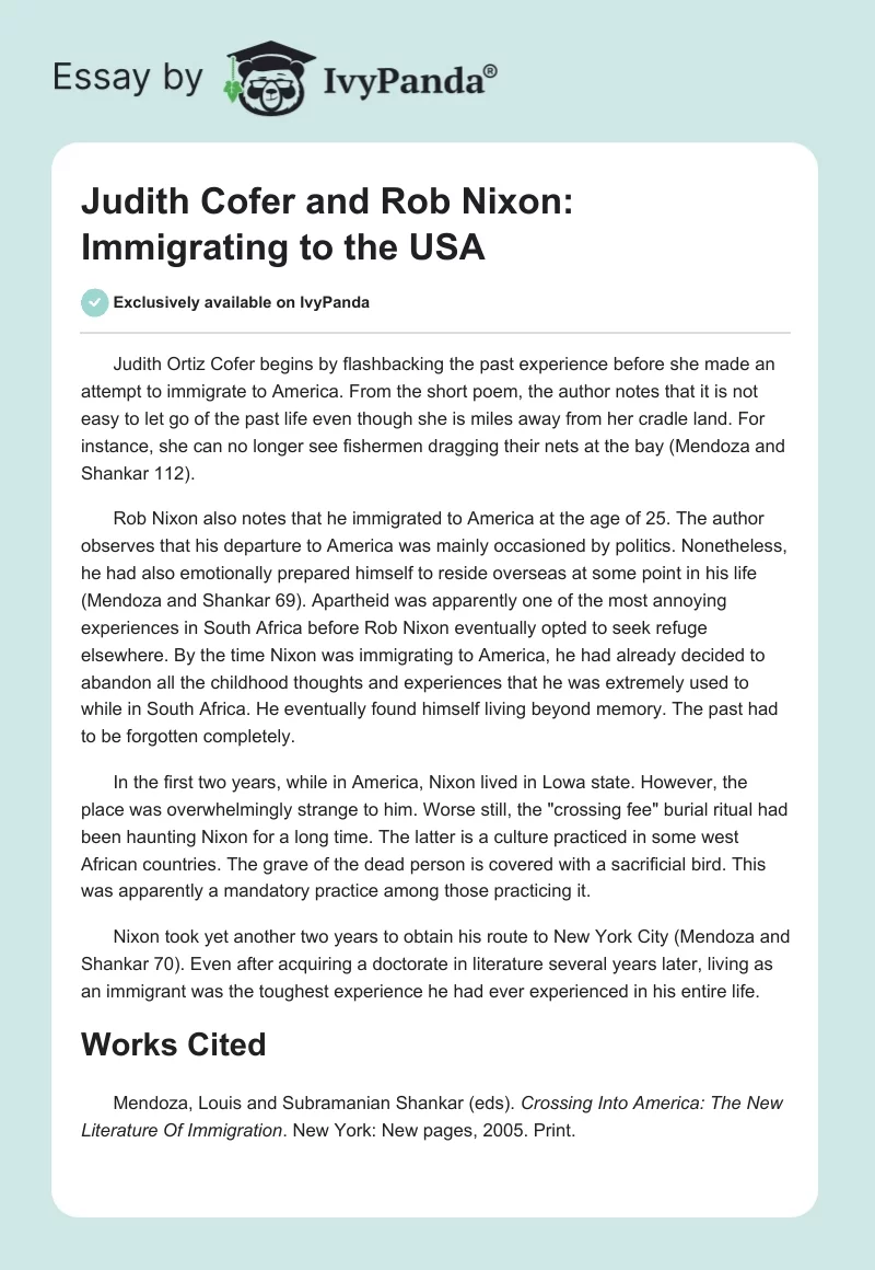 Judith Cofer and Rob Nixon: Immigrating to the USA. Page 1