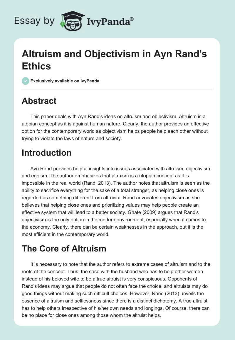 Altruism and Objectivism in Ayn Rand's Ethics. Page 1