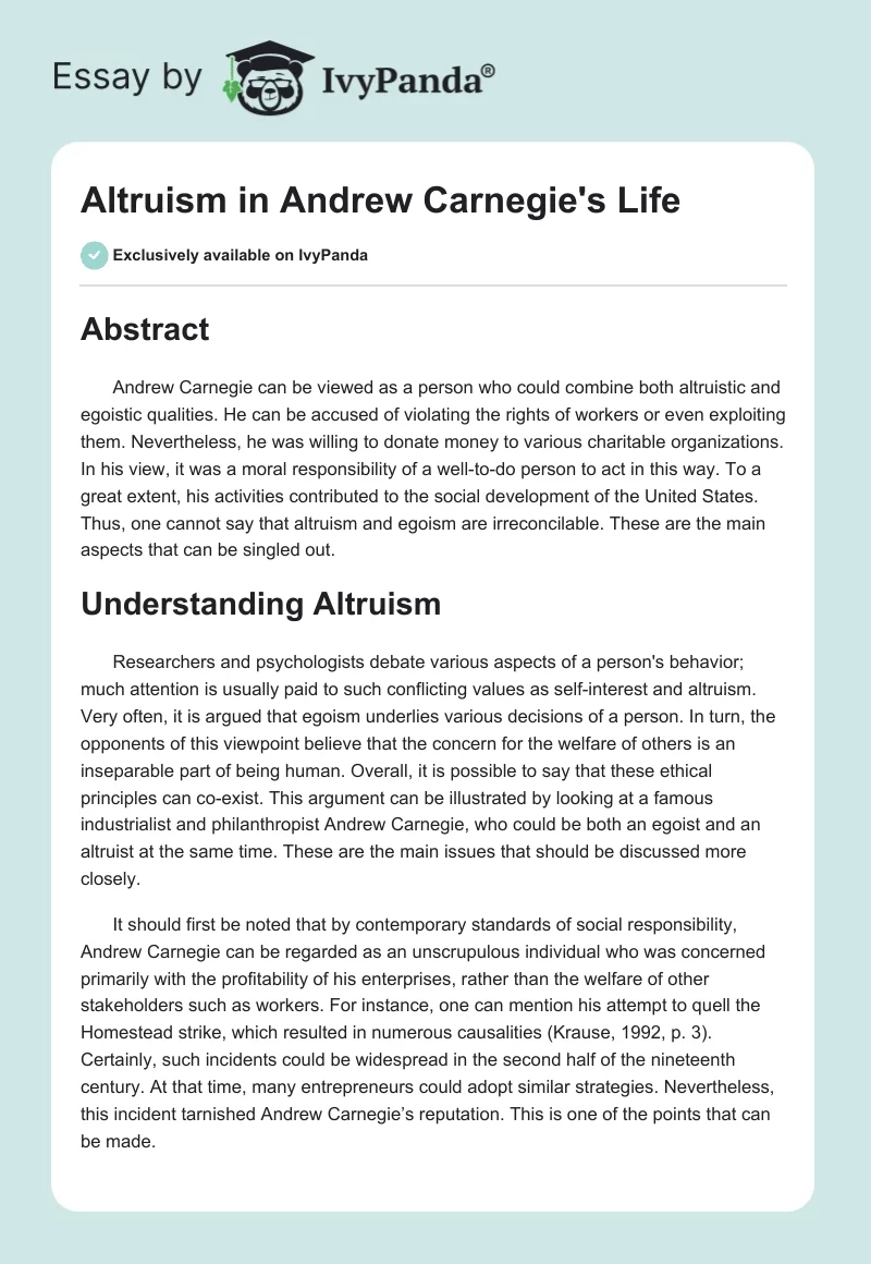 Altruism in Andrew Carnegie's Life. Page 1