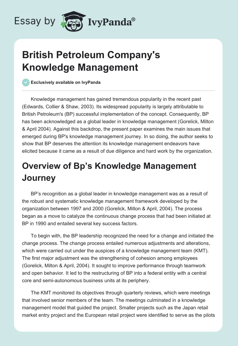 British Petroleum Company's Knowledge Management. Page 1