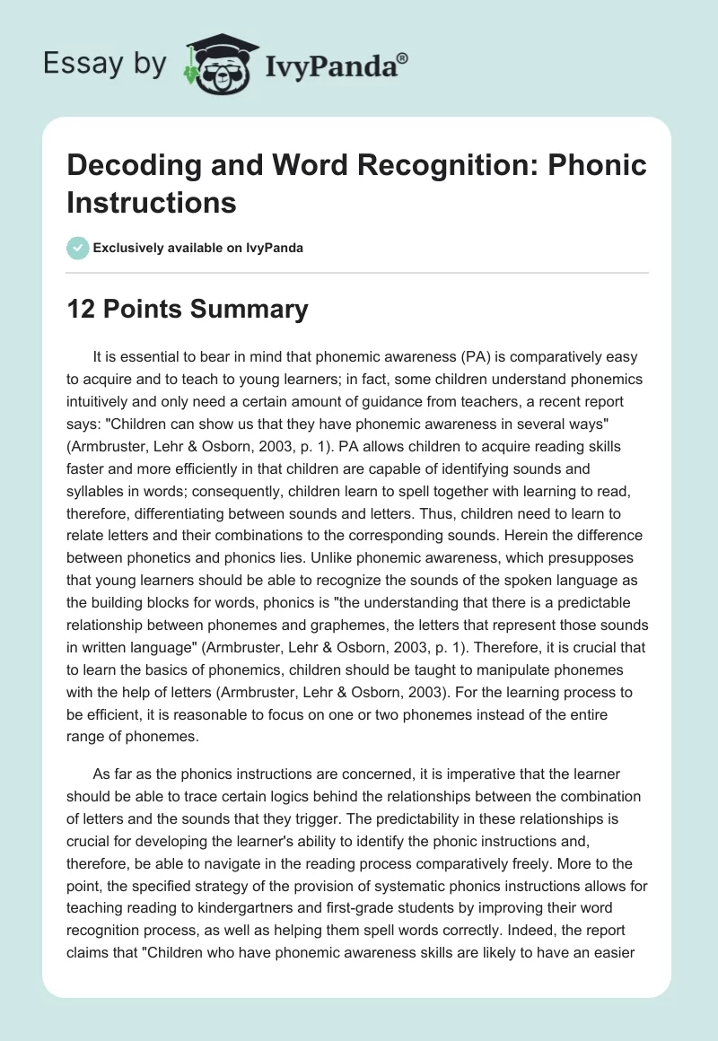 Decoding and Word Recognition: Phonic Instructions. Page 1