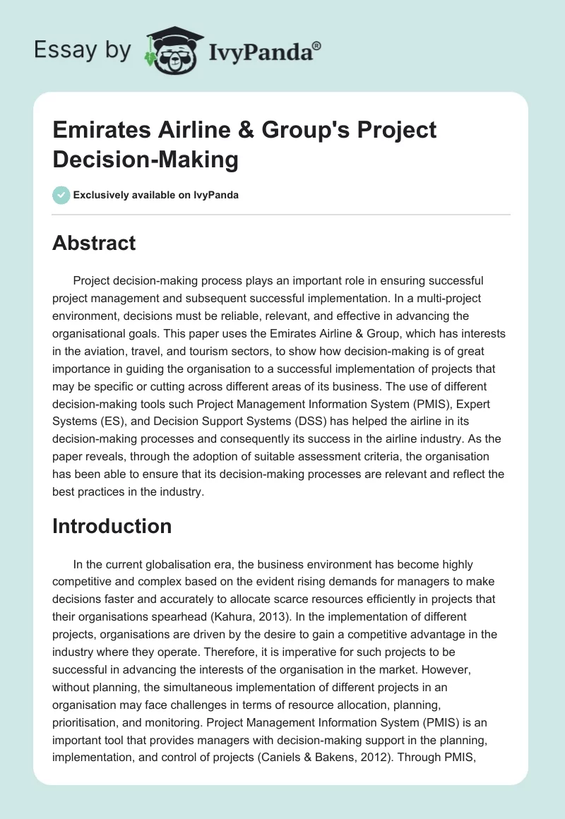 Emirates Airline & Group's Project Decision-Making. Page 1