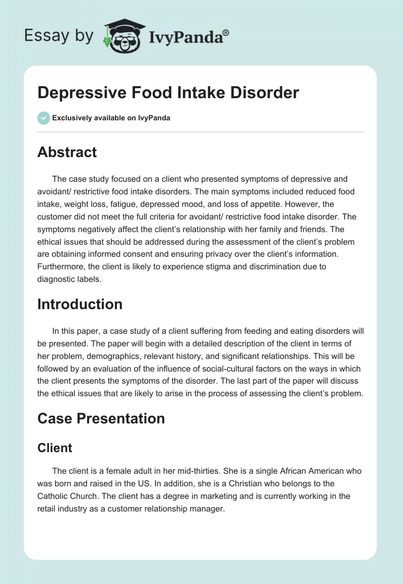 Depressive Food Intake Disorder. Page 1
