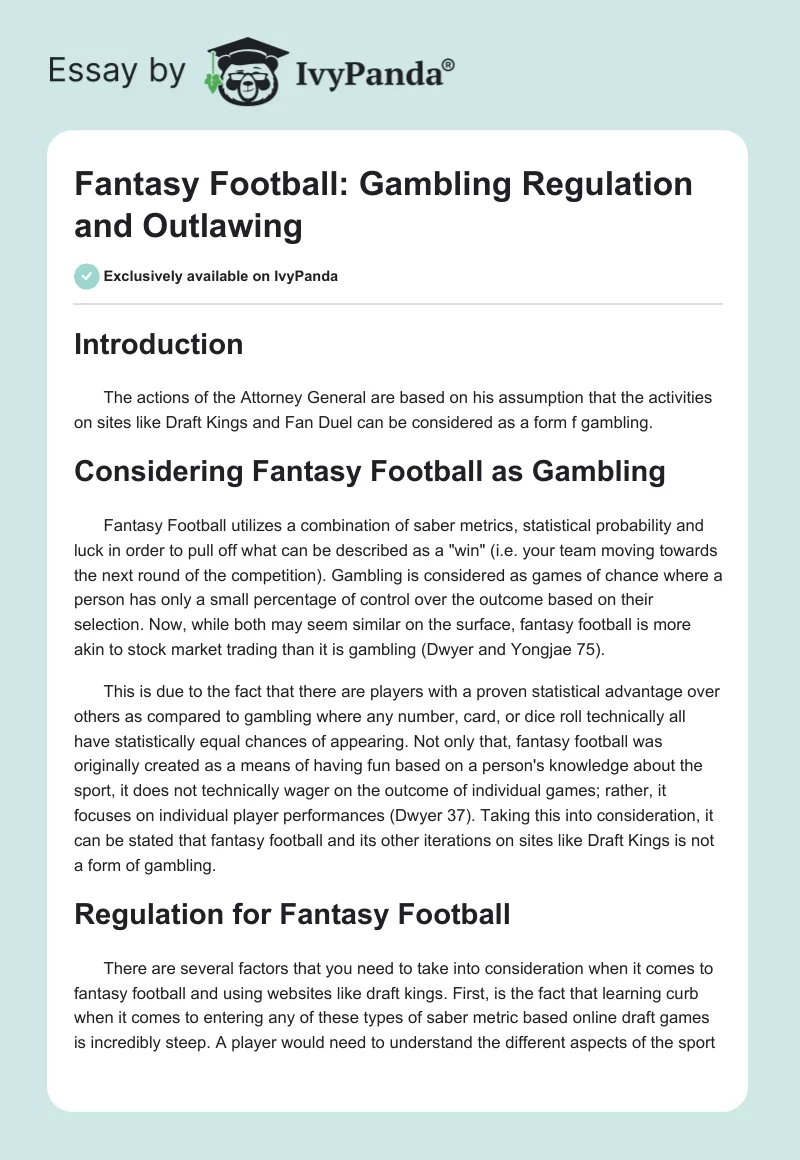 Fantasy Football: Gambling Regulation and Outlawing. Page 1