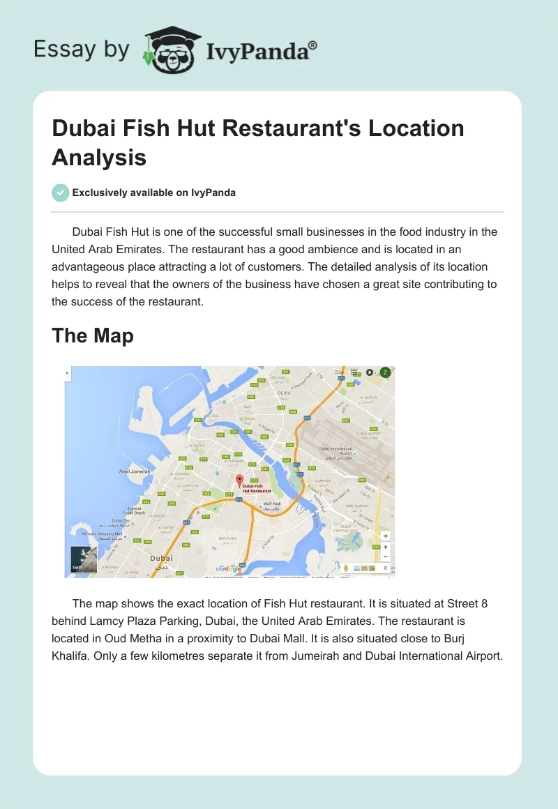 Dubai Fish Hut Restaurant's Location Analysis. Page 1