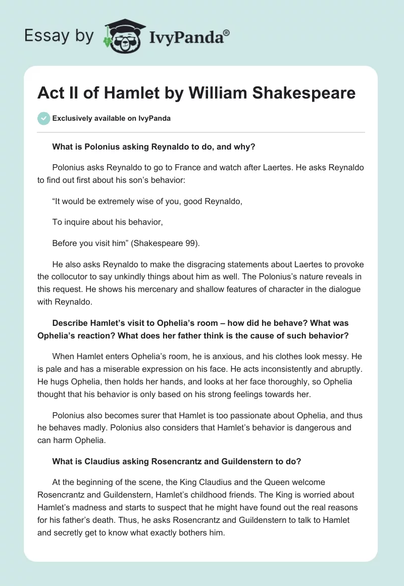 Act II of Hamlet by William Shakespeare. Page 1