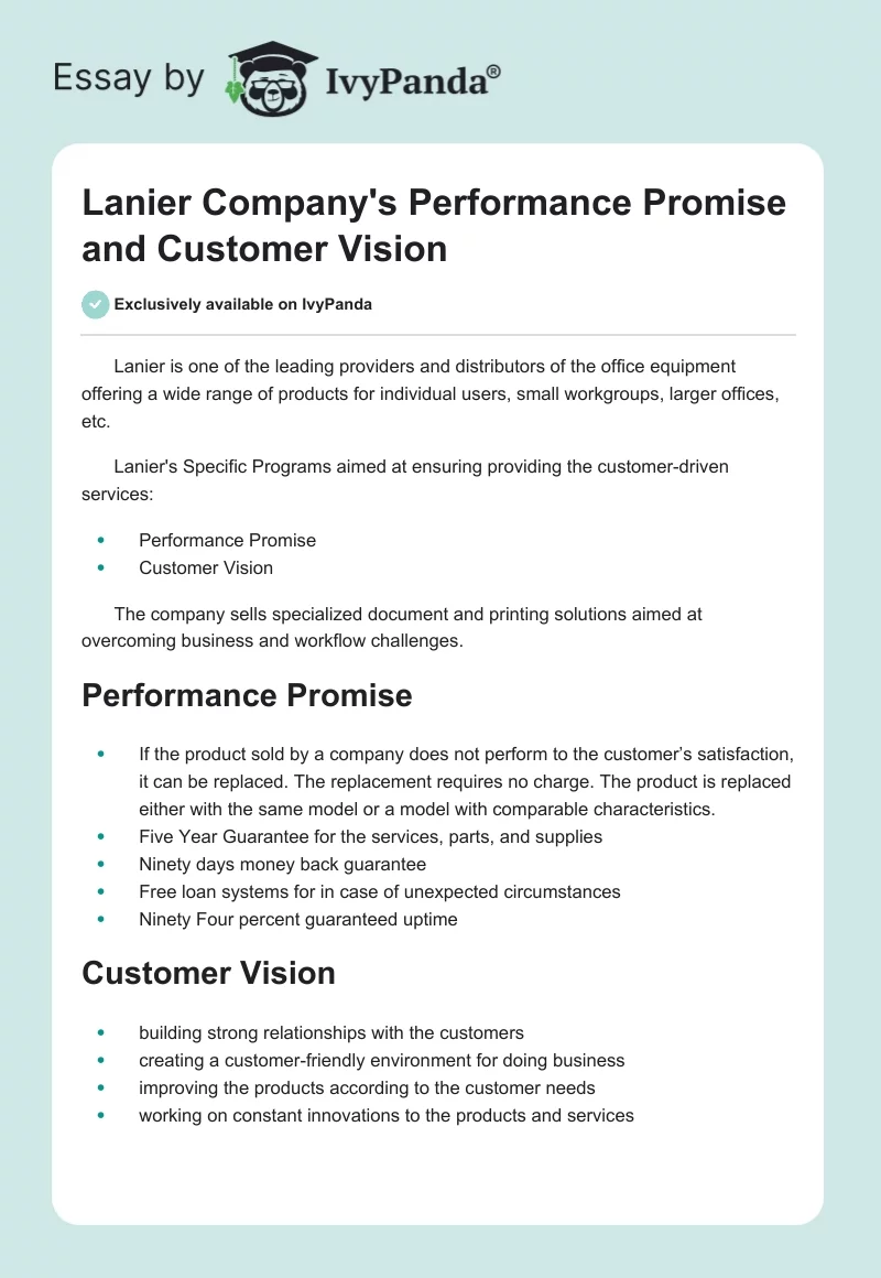 Lanier Company's Performance Promise and Customer Vision. Page 1