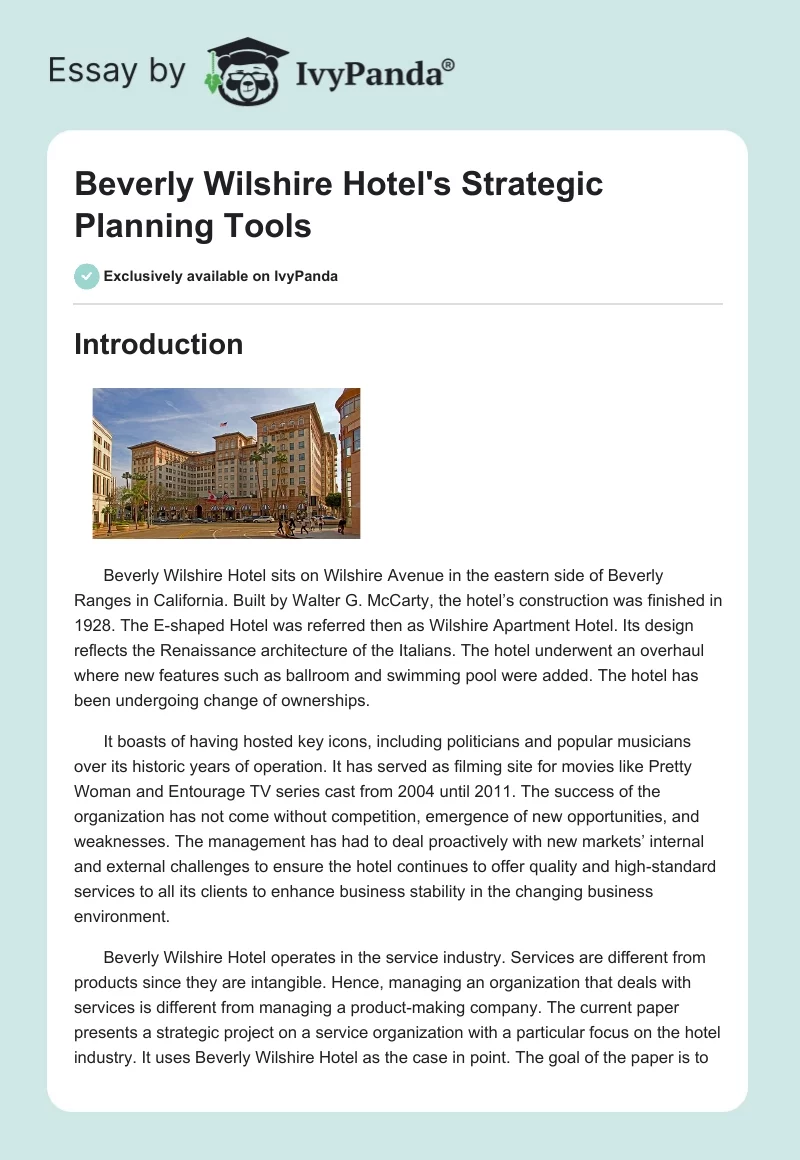 Beverly Wilshire Hotel's Strategic Planning Tools. Page 1