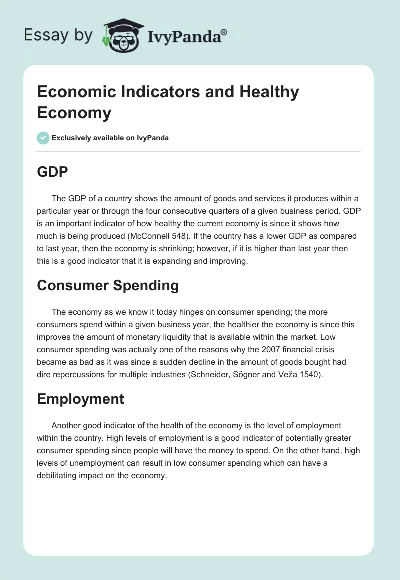 Economic Indicators and Healthy Economy. Page 1