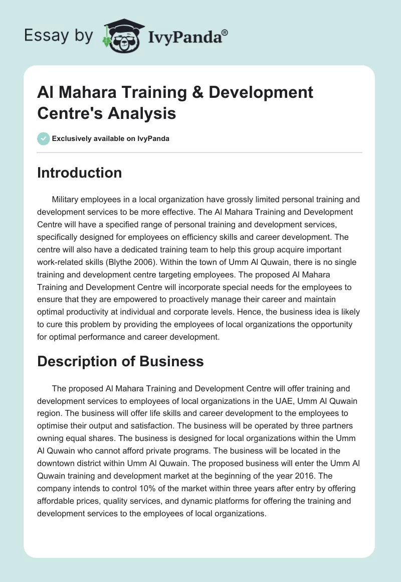 Al Mahara Training & Development Centre's Analysis. Page 1