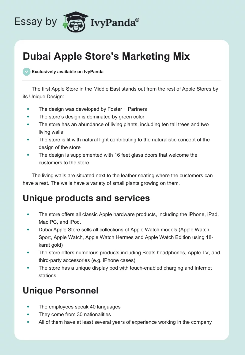 Dubai Apple Store's Marketing Mix. Page 1