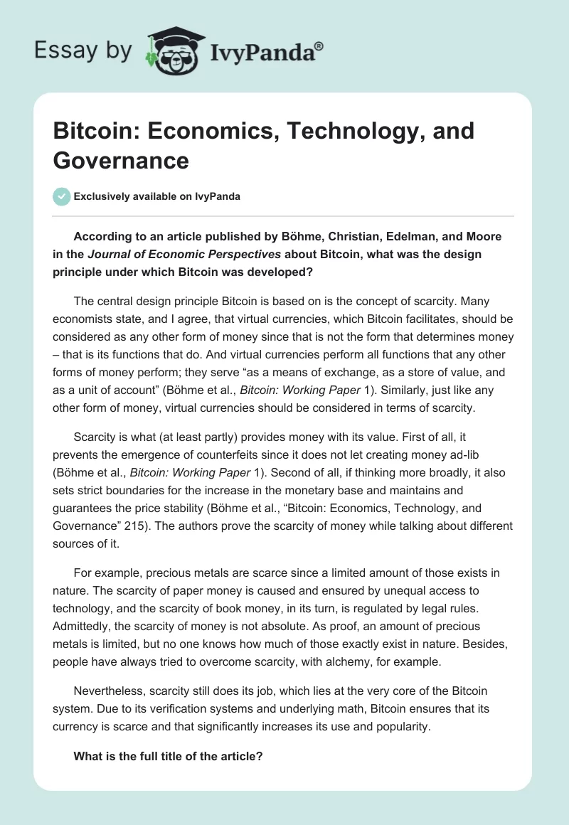 Bitcoin: Economics, Technology, and Governance. Page 1